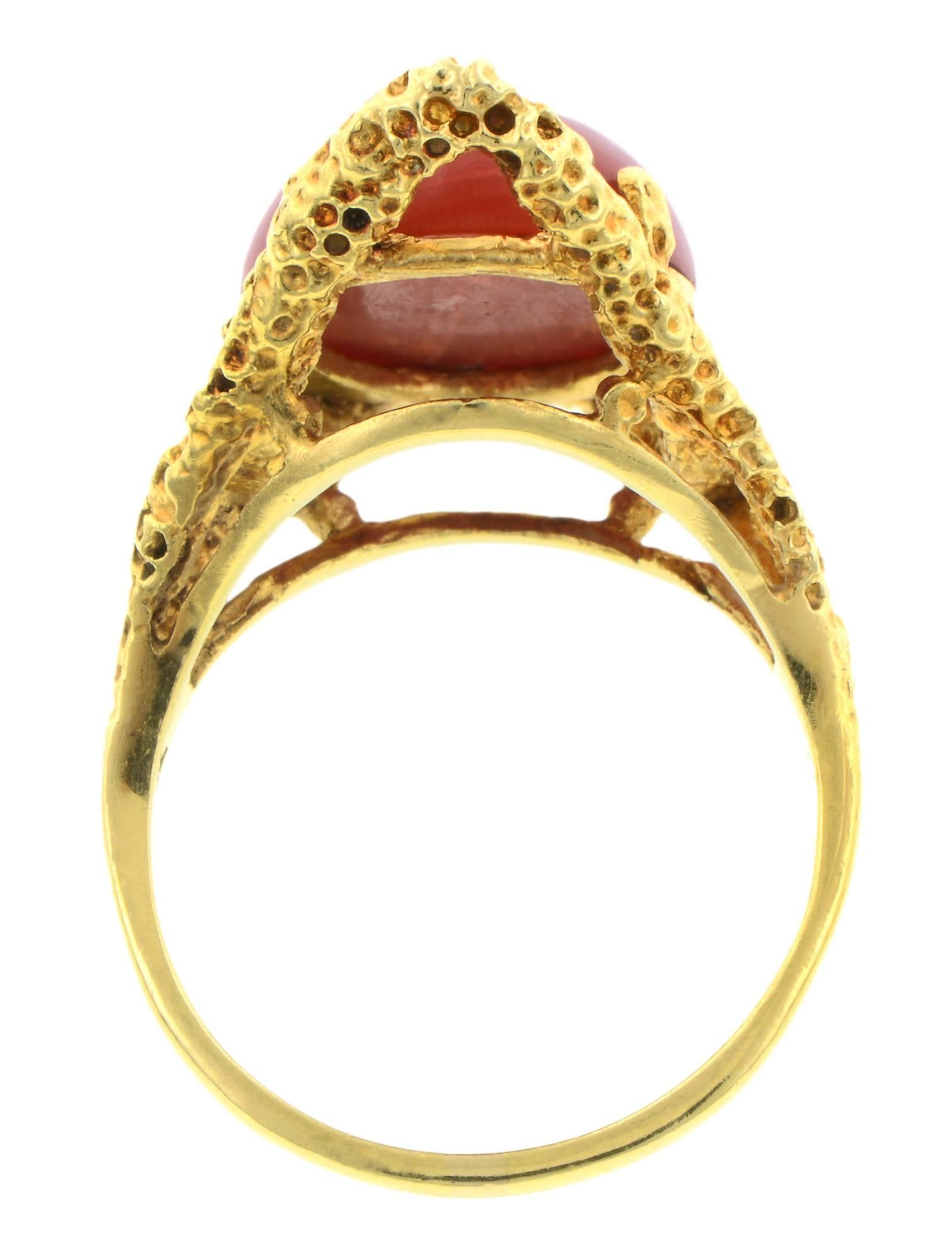 Women's Oval Oxblood Red Coral Cabochon Gold Ring For Sale