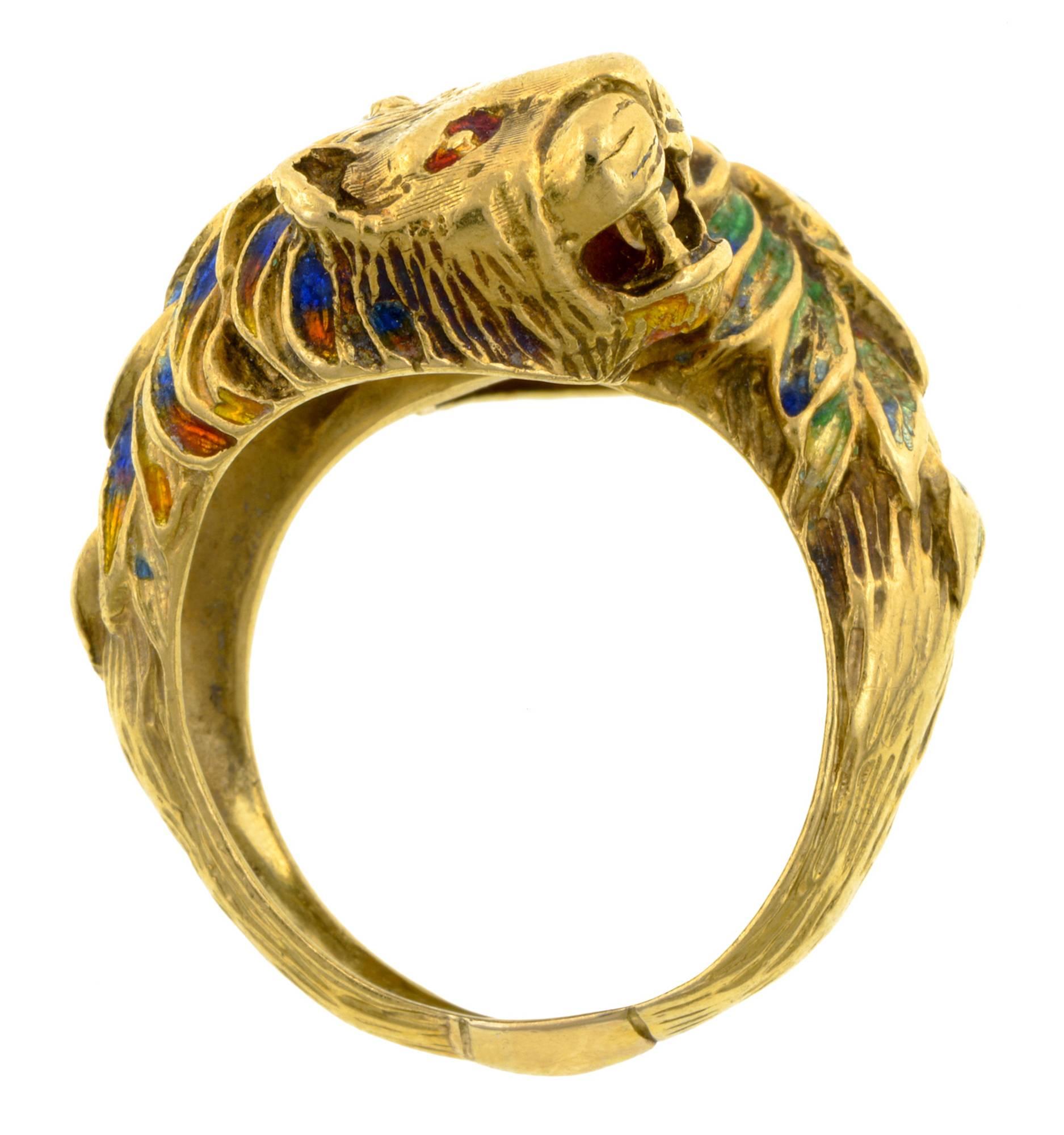 Women's or Men's Enamel Gold Double Lion Crossover Ring  For Sale