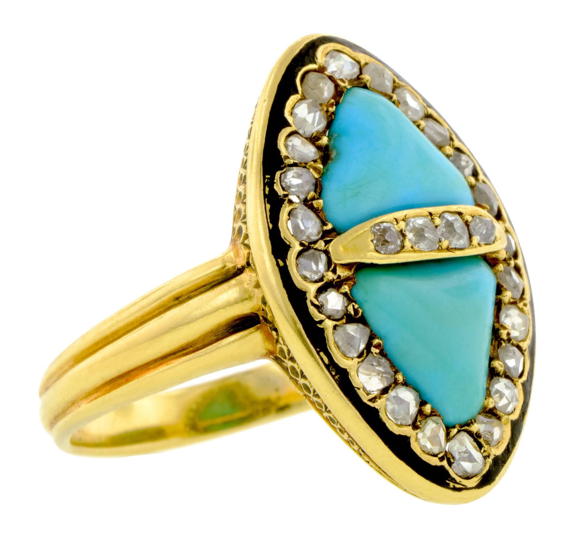 Victorian turquoise & diamond ring set with two triangular cabochon turquoises, framed by Rose cut diamonds measuring app. 1.2-1.5mm & Old Mine cut diamonds weighing app. 0.07ctw, fashioned in 18k gold. French import mark. Circa 1895. Size 6.5.