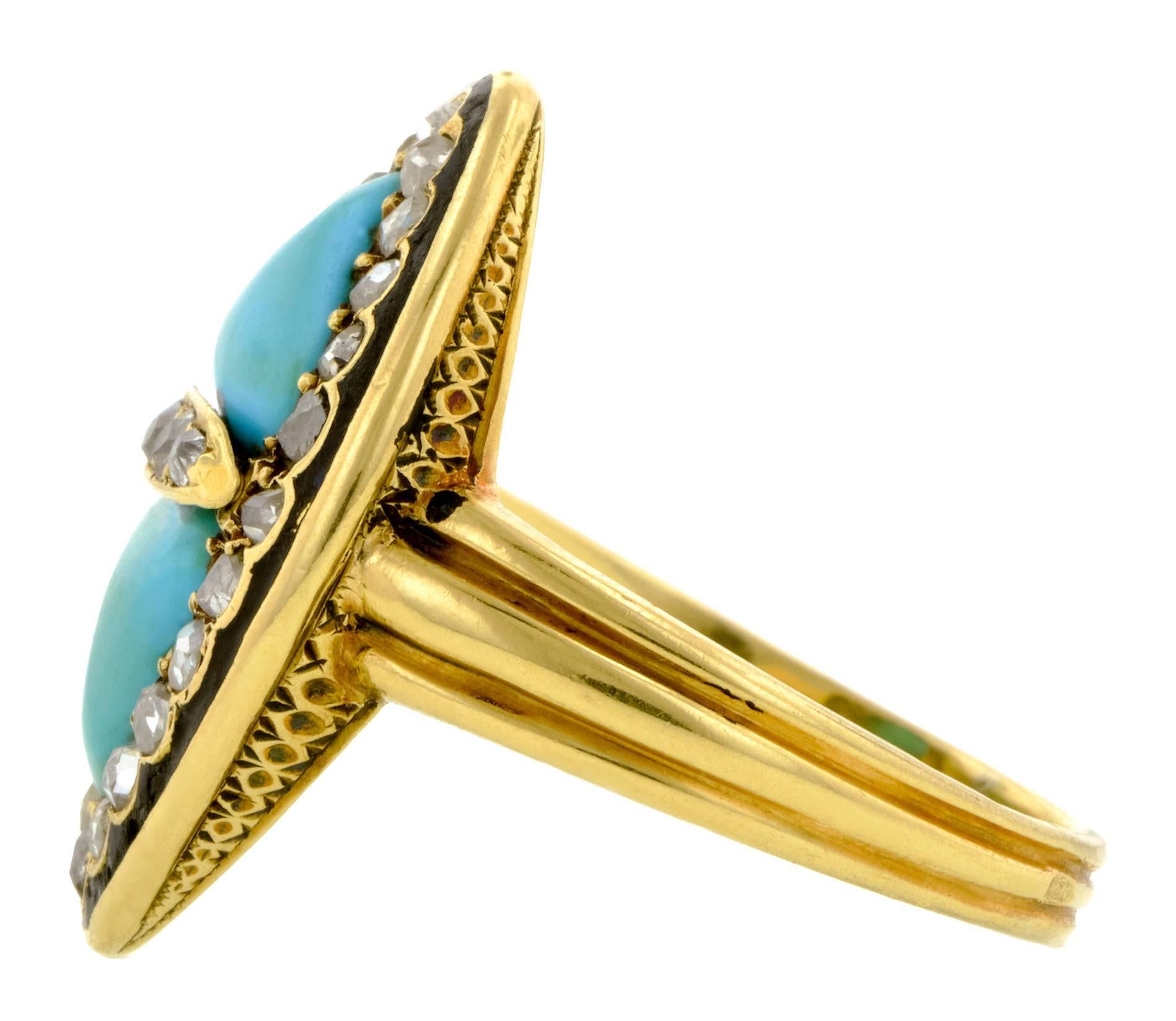 Circa 1895 French Victorian Turquoise Diamond Gold Ring In Good Condition In New York, NY