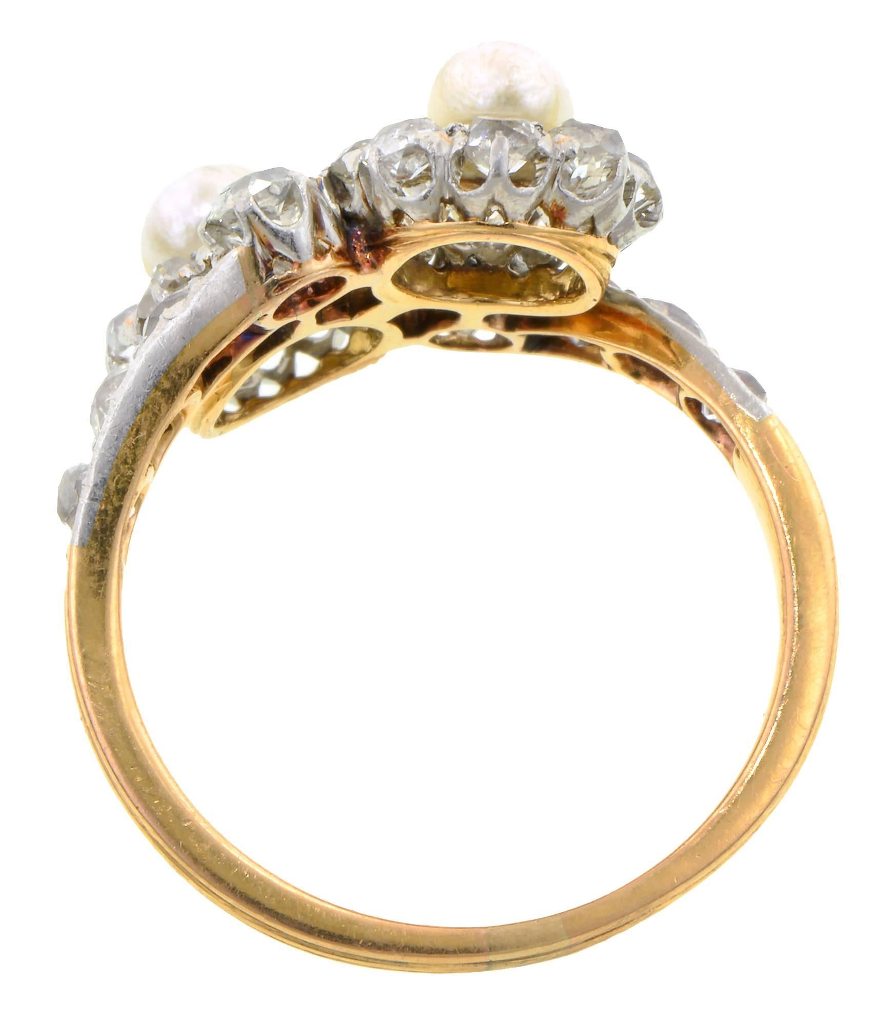 Antique Natural Pearl & Diamond Bypass Ring In Good Condition For Sale In New York, NY