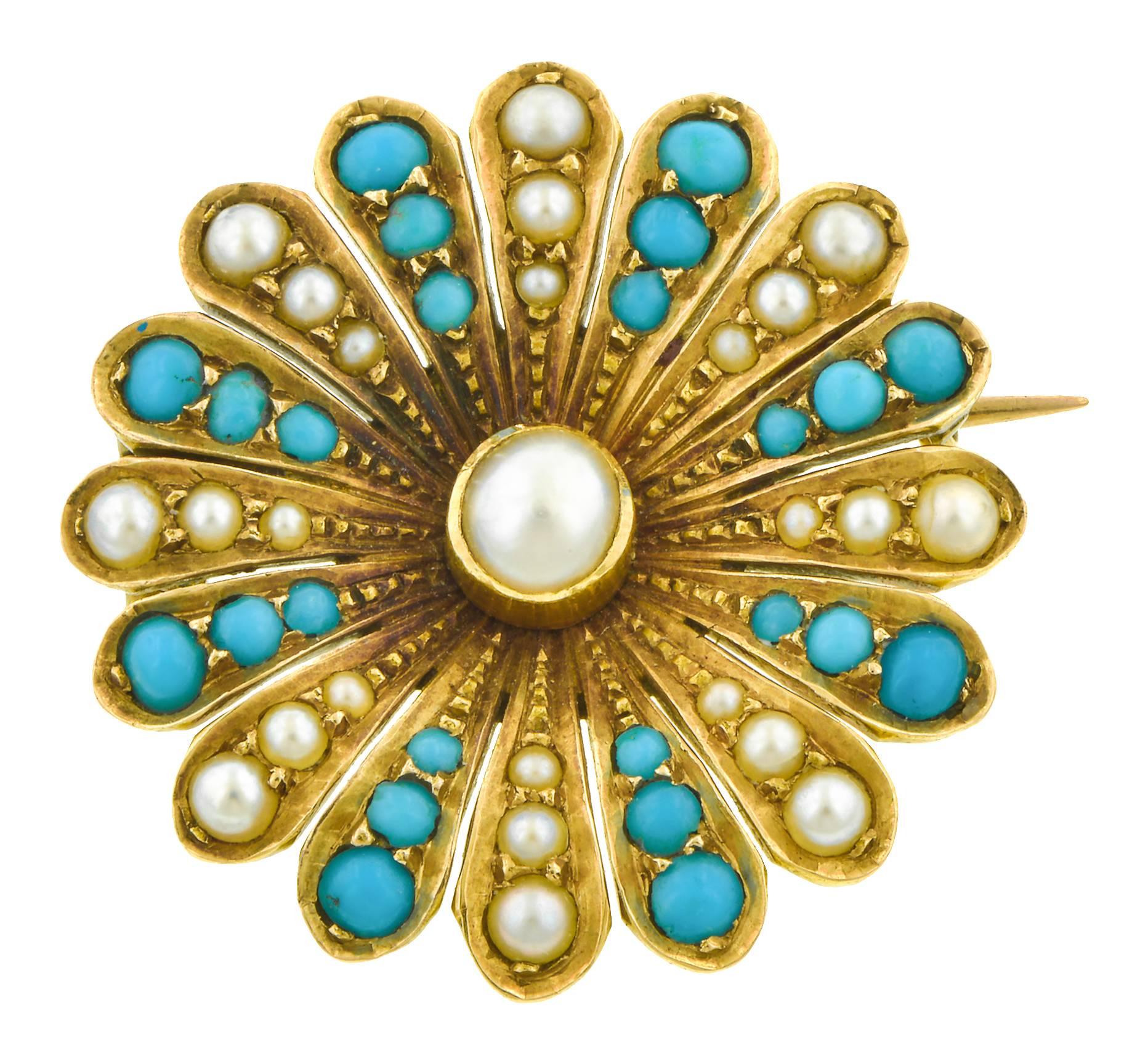 1870s Victorian Pearl Turquoise Gold Flower Motif Pin For Sale