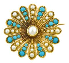 Antique 1870s Victorian Pearl Turquoise Gold Flower Motif Pin