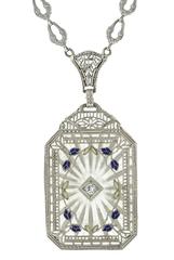 Art Deco Carved Rock Crystal Enamel Diamond Gold Filigree Necklace