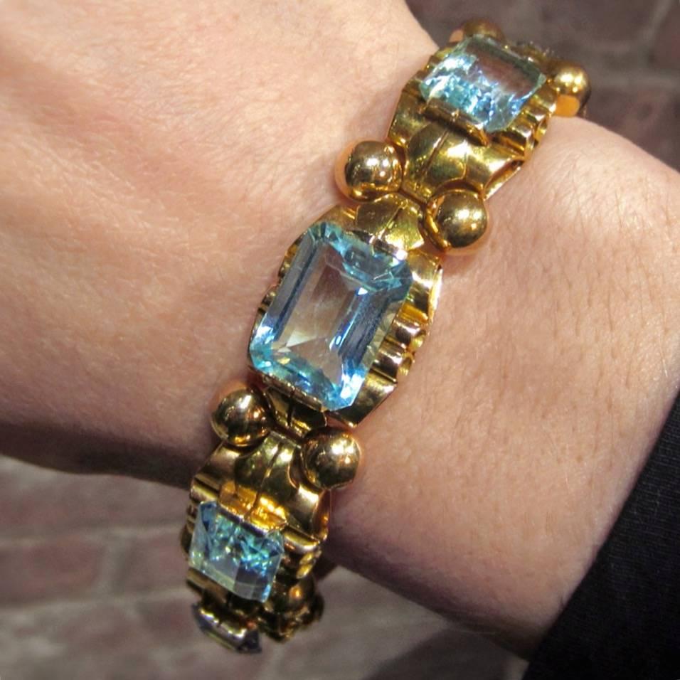 Retro Aquamarine Gold Bracelet For Sale 1
