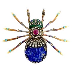 Estate Large Multi Gem Diamond Enamel 18K Yellow Gold Spider Brooch