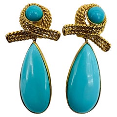 Estate Tiffany & Co 18K Yellow Gold Turquoise Tear Drop Earrings
