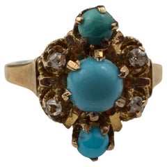 Late Victorian 10K Yellow Gold Persian Turquoise & Rose-Cut Diamond Ring