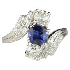 Anello Art Déco con zaffiro blu naturale non trattato termicamente certificato GIA e diamanti