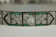 Art Deco Green Emerald Onyx and Diamond Link Bracelet