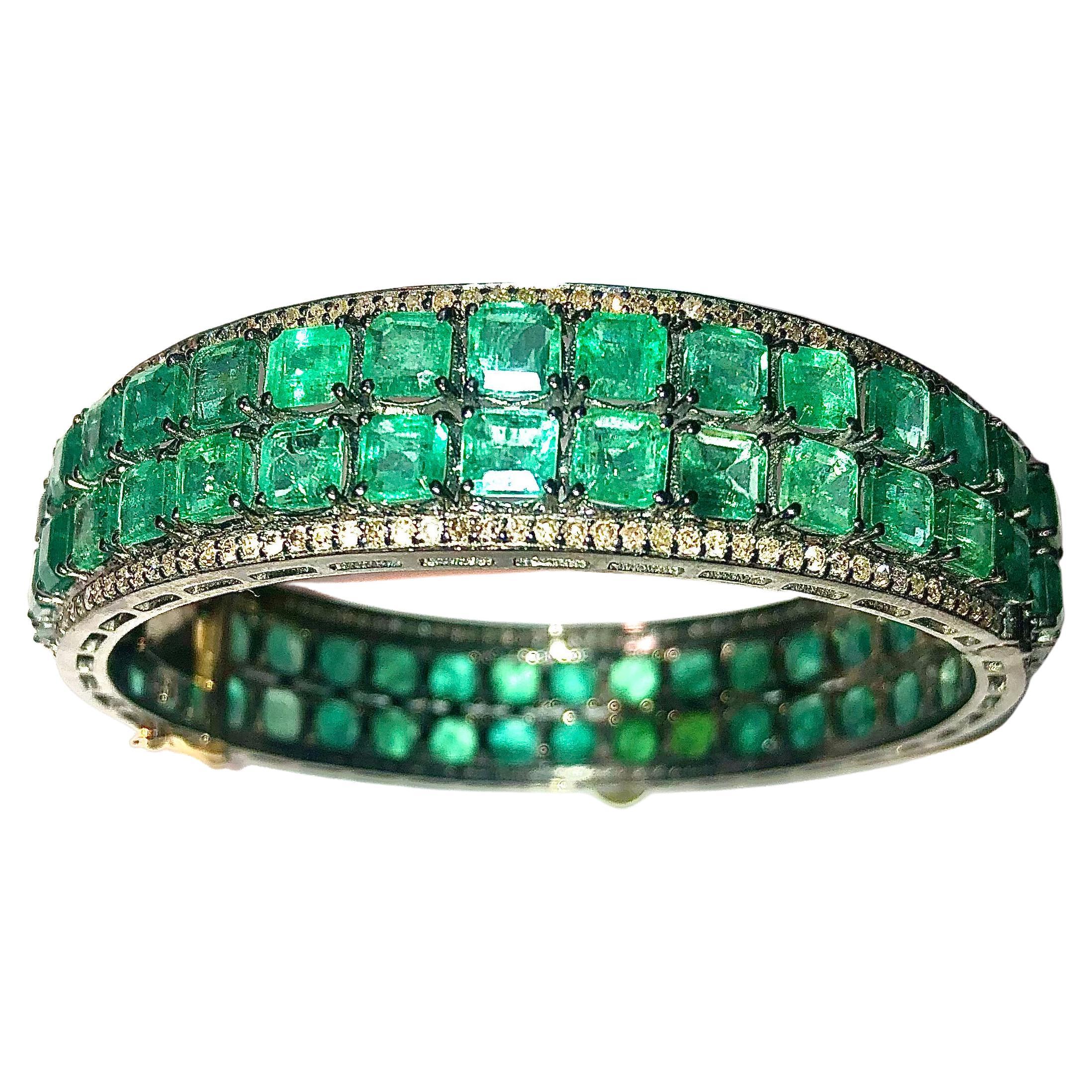 Columbian Emeralds Double Row with Pave Diamonds Paradizia Bangle Bracelet For Sale