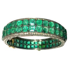 Antique Columbian Emeralds Double Row with Pave Diamonds Paradizia Bangle Bracelet