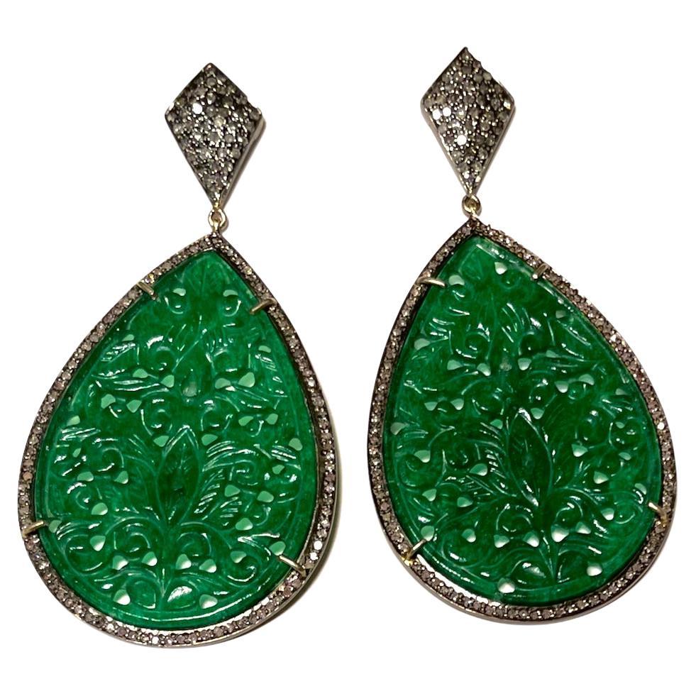 Carved Green Onyx with Pave Diamonds Earrings