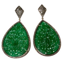 Carved Green Onyx with Pave Diamonds Earrings