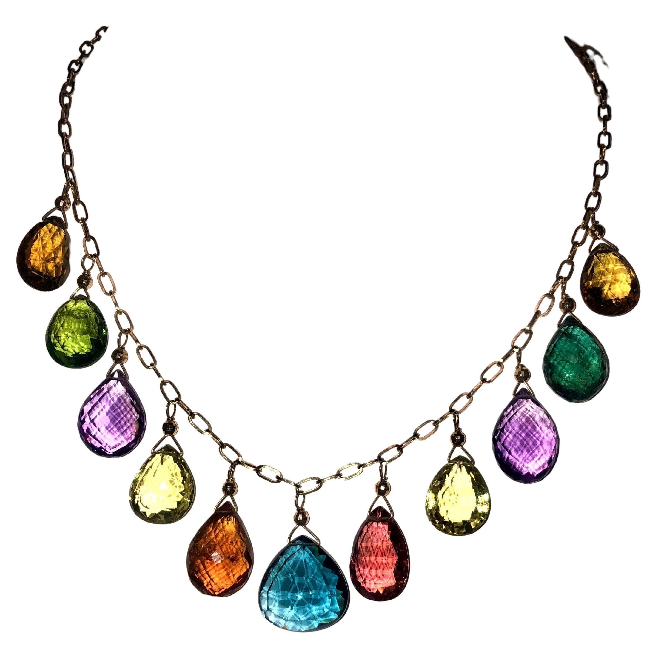 Description
Vibrant Multicolor Tourmalines, Amethyst, Lemon Quartz and London Blue Topaz necklace with an impressive 118 carat total weight dangle from a gold chain.
Item # N2272

Materials and Weight
Tourmalines, 6 stones, drop shape, 56