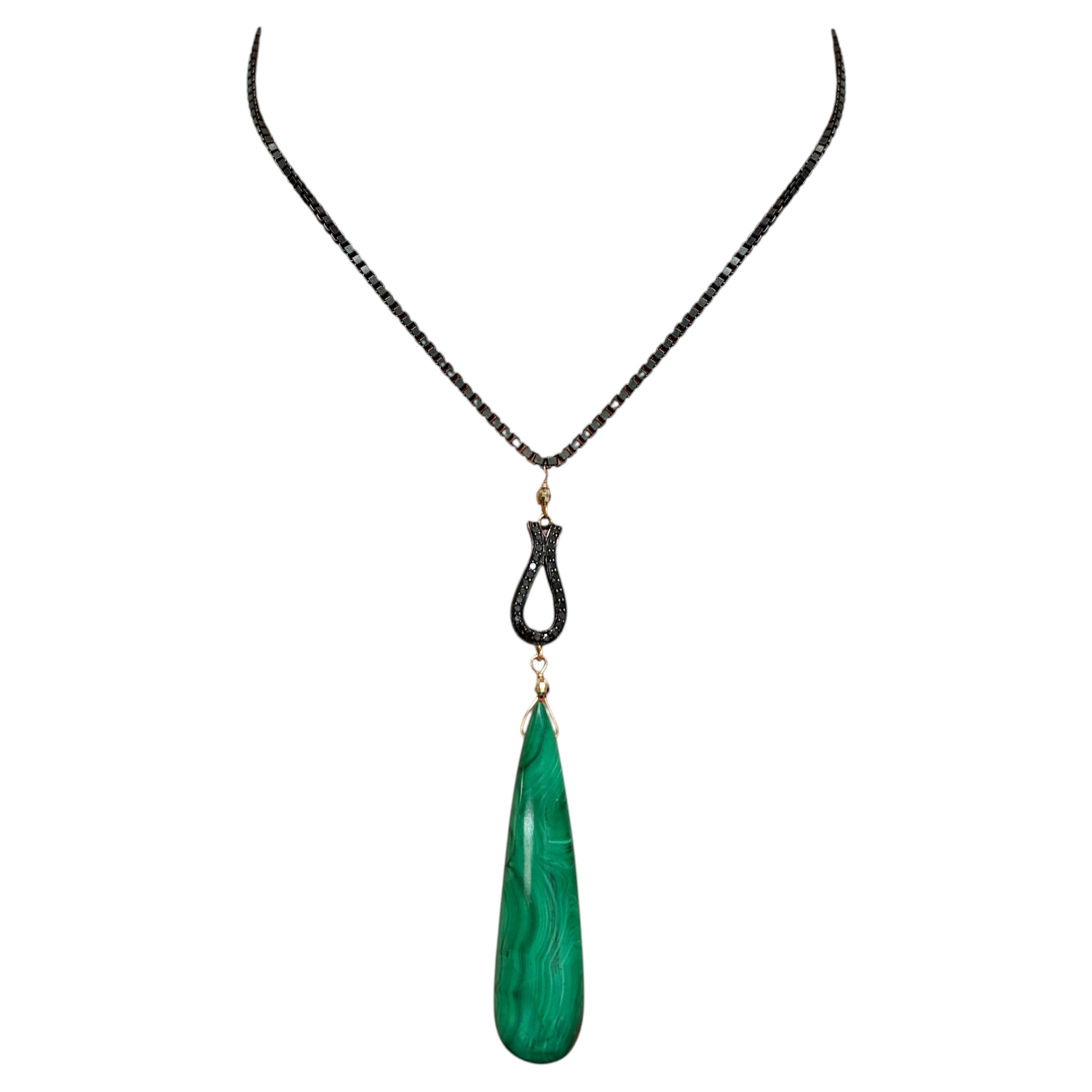 42 Carats Malachite with Black Diamonds on Black Chain Necklace N3696