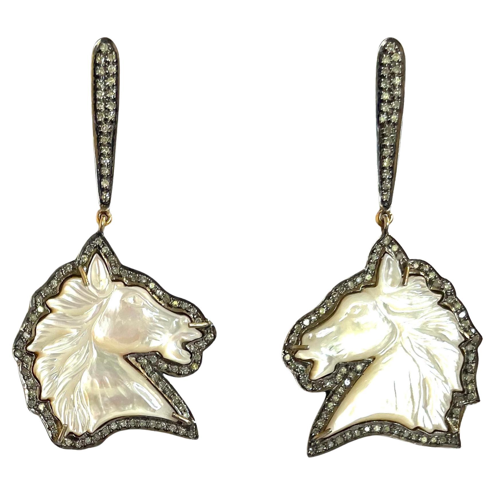 Hand Carved Mother of Pearl Horses with Pave Diamonds Earrings For Sale