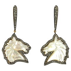 Hand Carved Mother of Pearl Horses with Pave Diamonds Earrings
