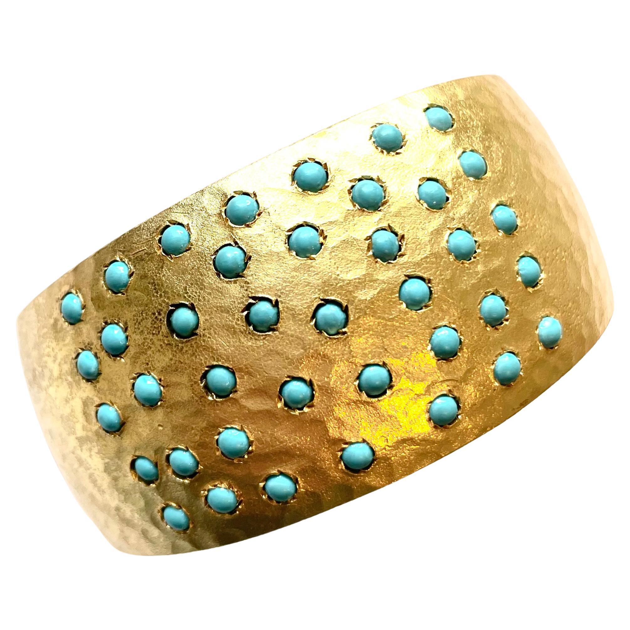 Contemporary Hammered Vermeil with Turquoise Paradizia Cuff Bracelet For Sale