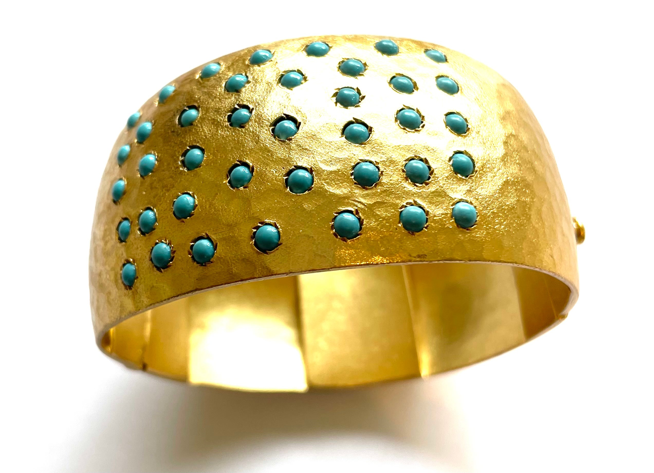 Round Cut Hammered Vermeil with Turquoise Paradizia Cuff Bracelet For Sale