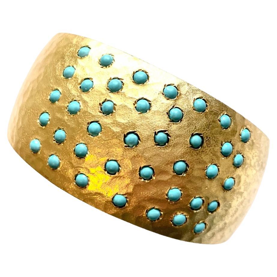 Hammered Vermeil with Turquoise Paradizia Cuff Bracelet For Sale