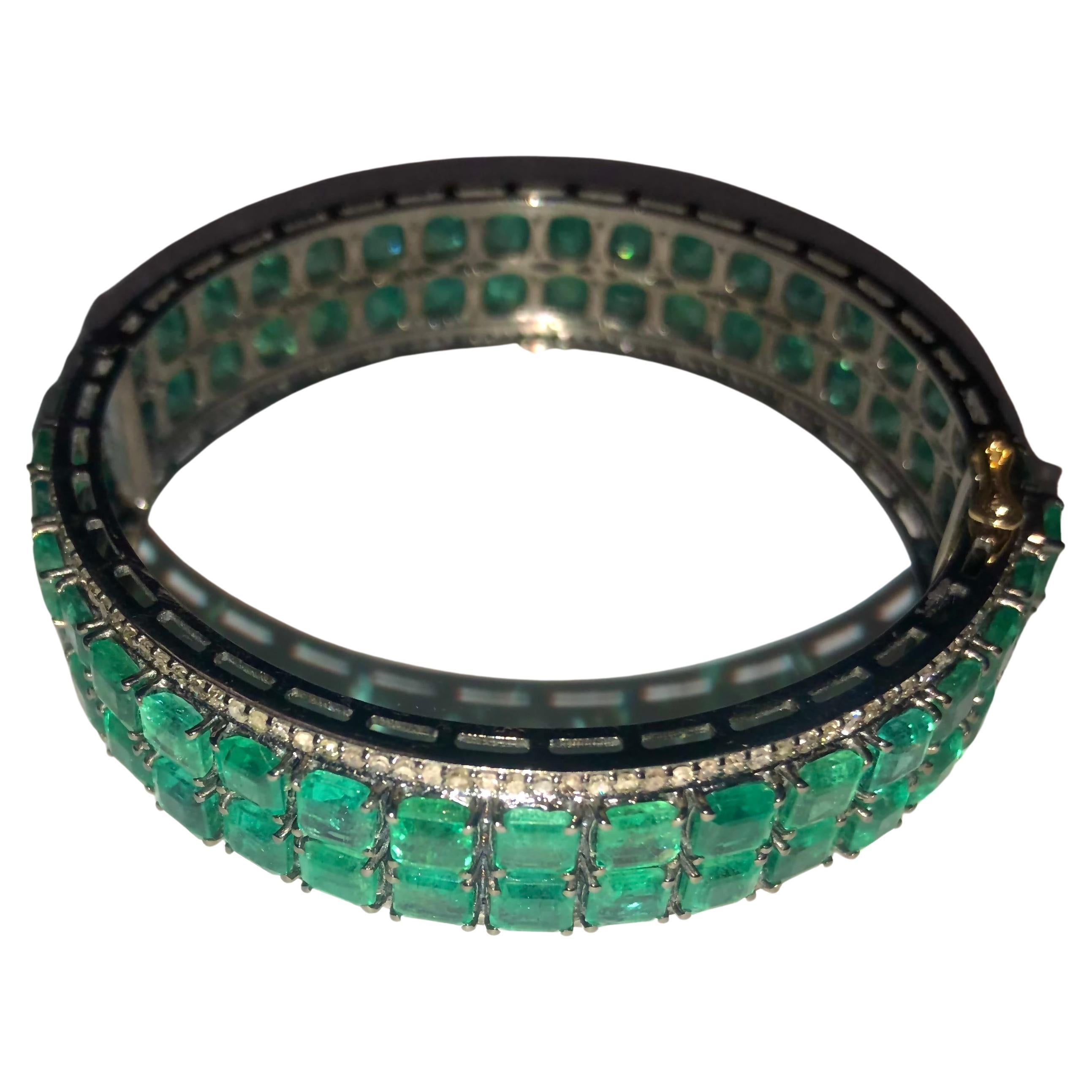 Square Cut Columbian Emeralds Double Row with Pave Diamonds Paradizia Bangle Bracelet For Sale