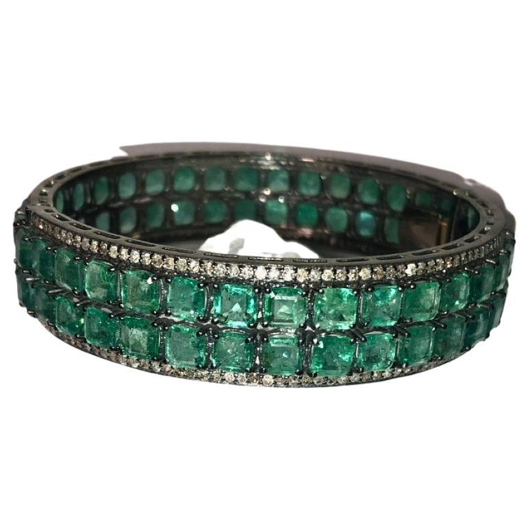 Contemporary Columbian Emeralds Double Row with Pave Diamonds Paradizia Bangle Bracelet For Sale