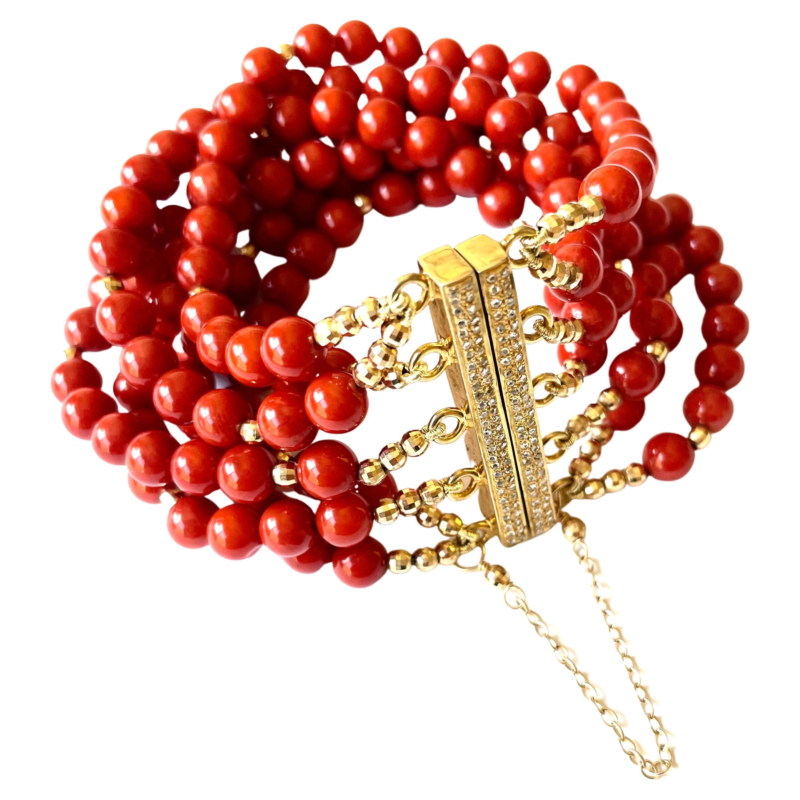Red Coral with Pave Diamond Clasp Multi-Strand Bracelet For Sale