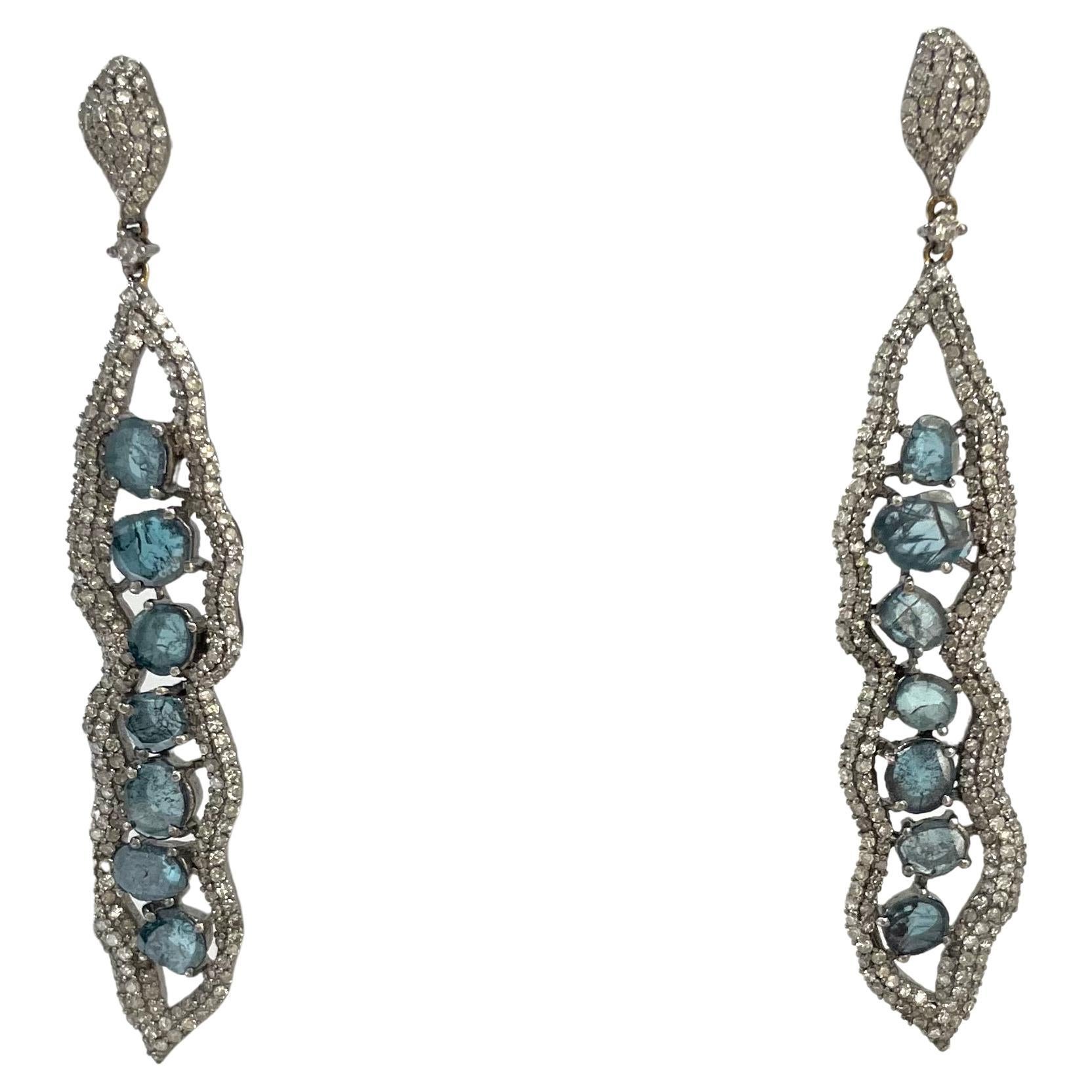 Artisan Blue Diamond Slices and Pave Diamonds Earrings For Sale