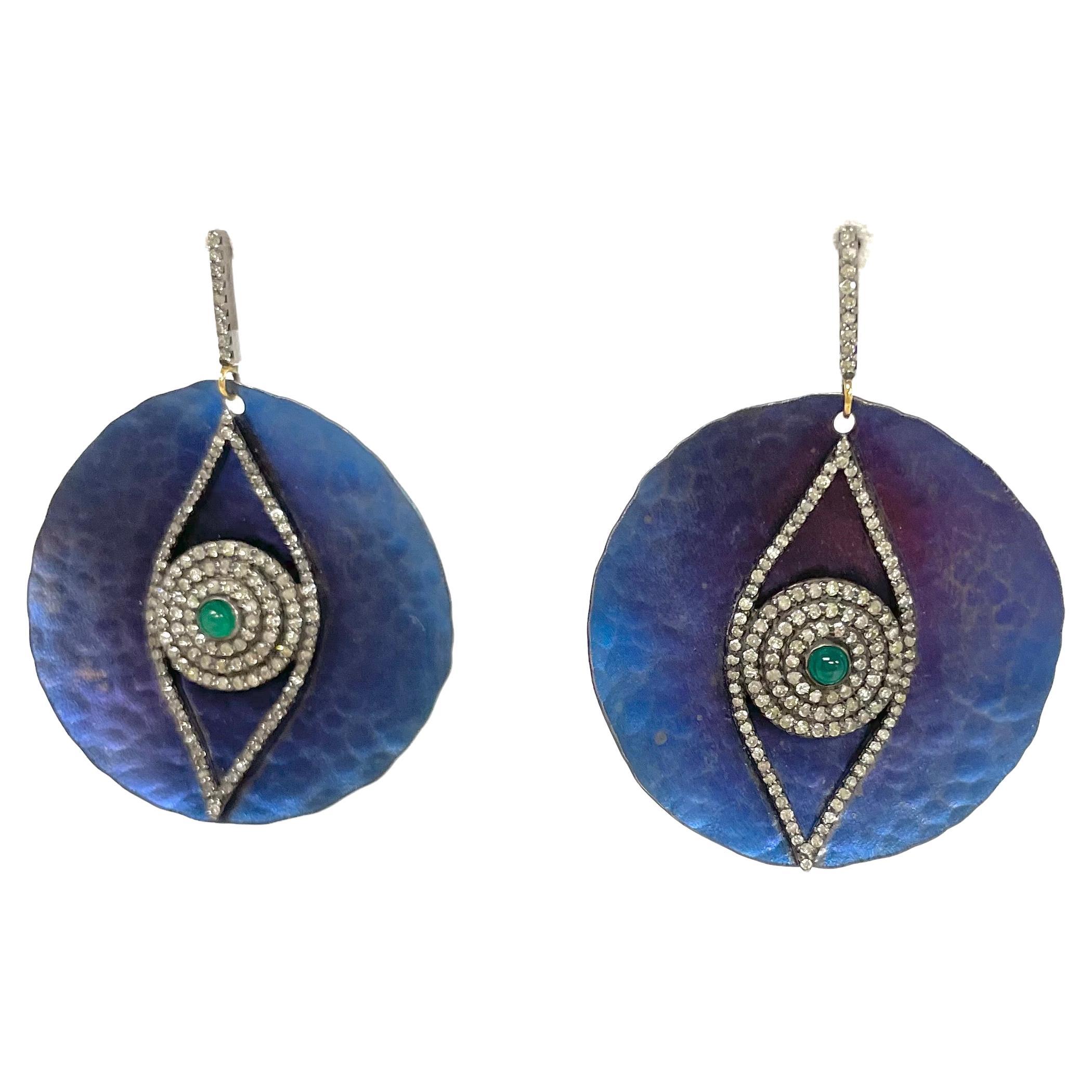  Cobalt Blue Titanium with Emeralds and Diamonds Earrings  For Sale