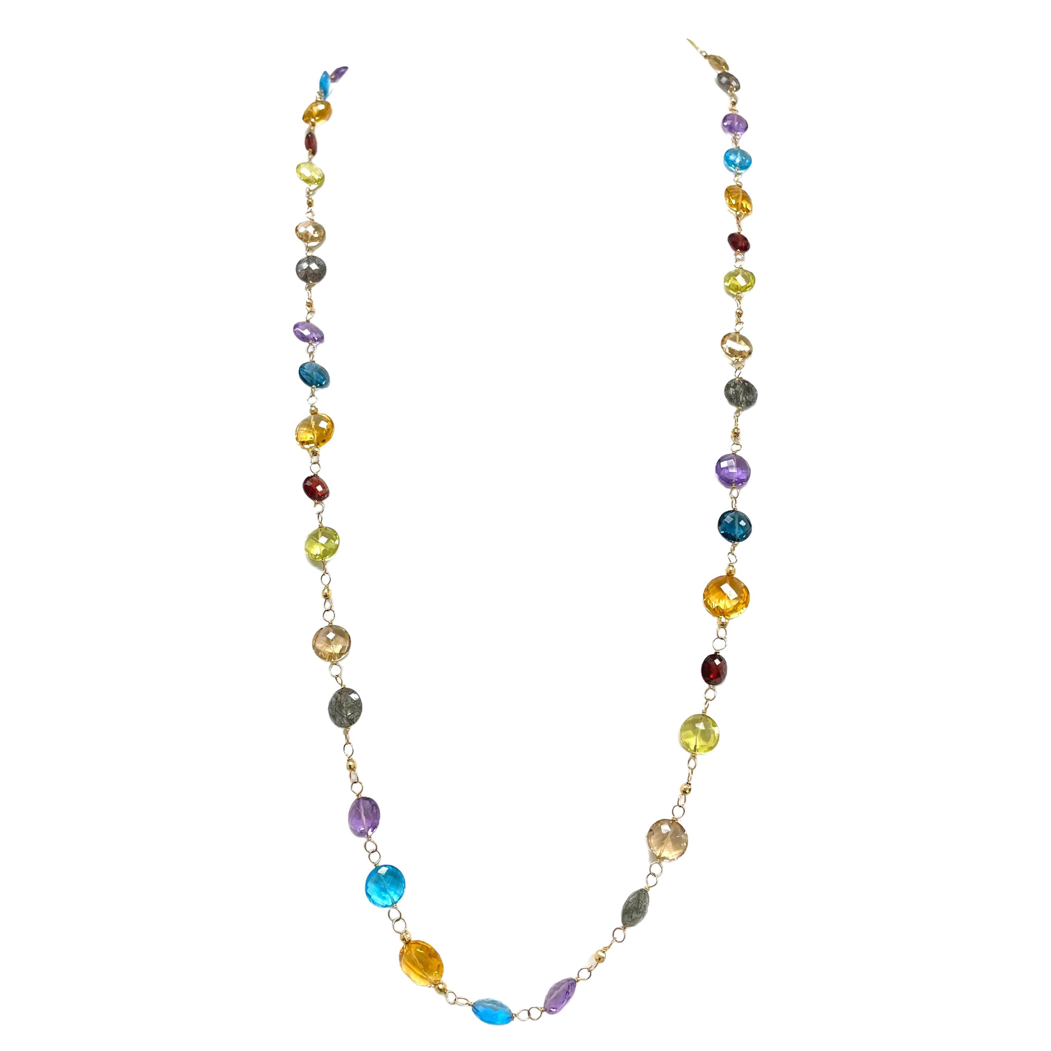Description
Stunning colorful mix of semi-precious gemstones composed of Swiss and London Blue Topaz, Amethyst, Citrine, Garnet and Lemon Quartz designed to exude joy and harmony. The necklace is accented with 14k yellow gold faceted balls to add