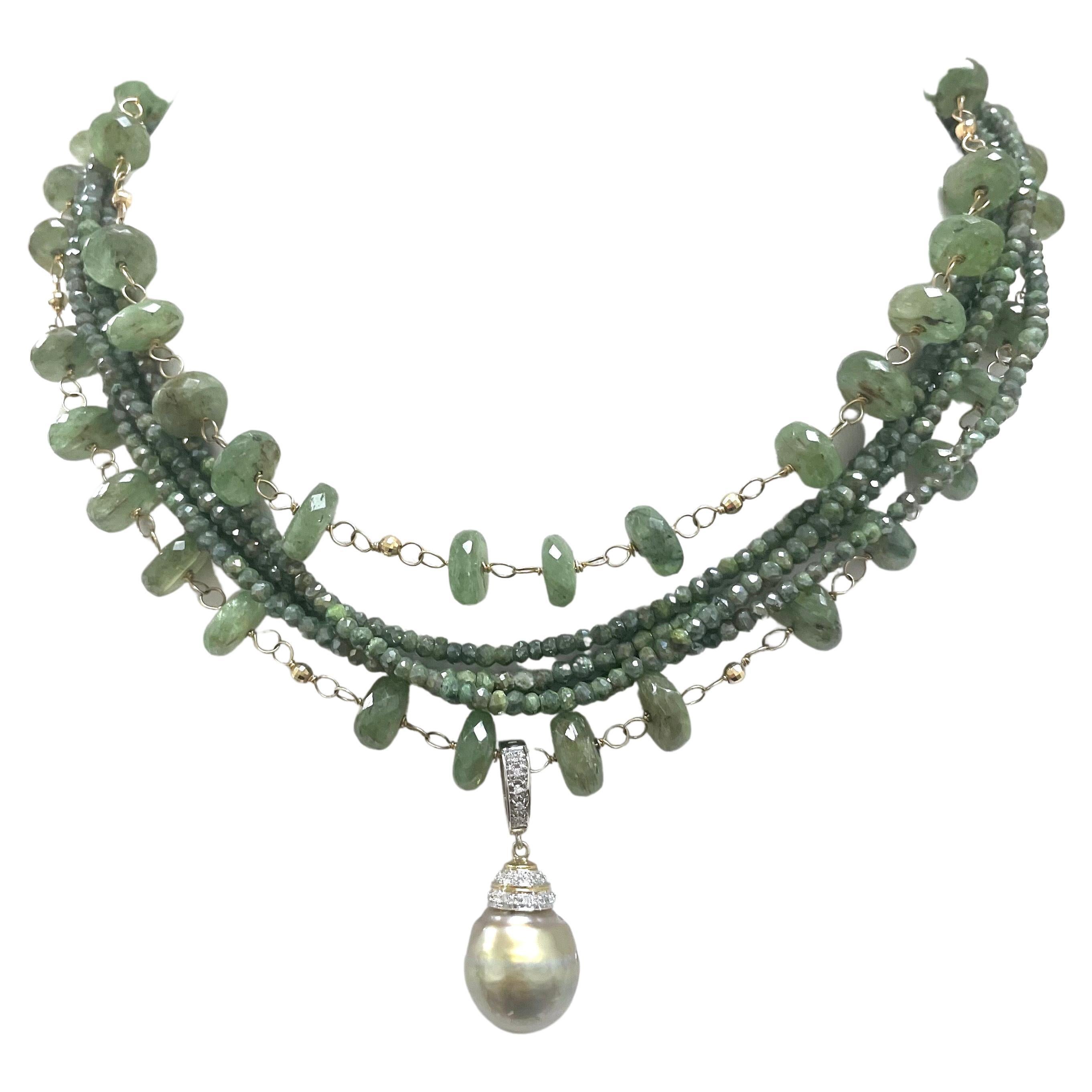 Green Kyanite and Silverite Multistrand Paradizia Necklace with Tahitian Pendant For Sale