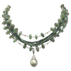 Green Kyanite and Silverite Multistrand Paradizia Necklace with Tahitian Pendant