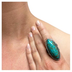 Elongated Oval Arizona Turquoise With Pave Diamonds Paradizia Ring