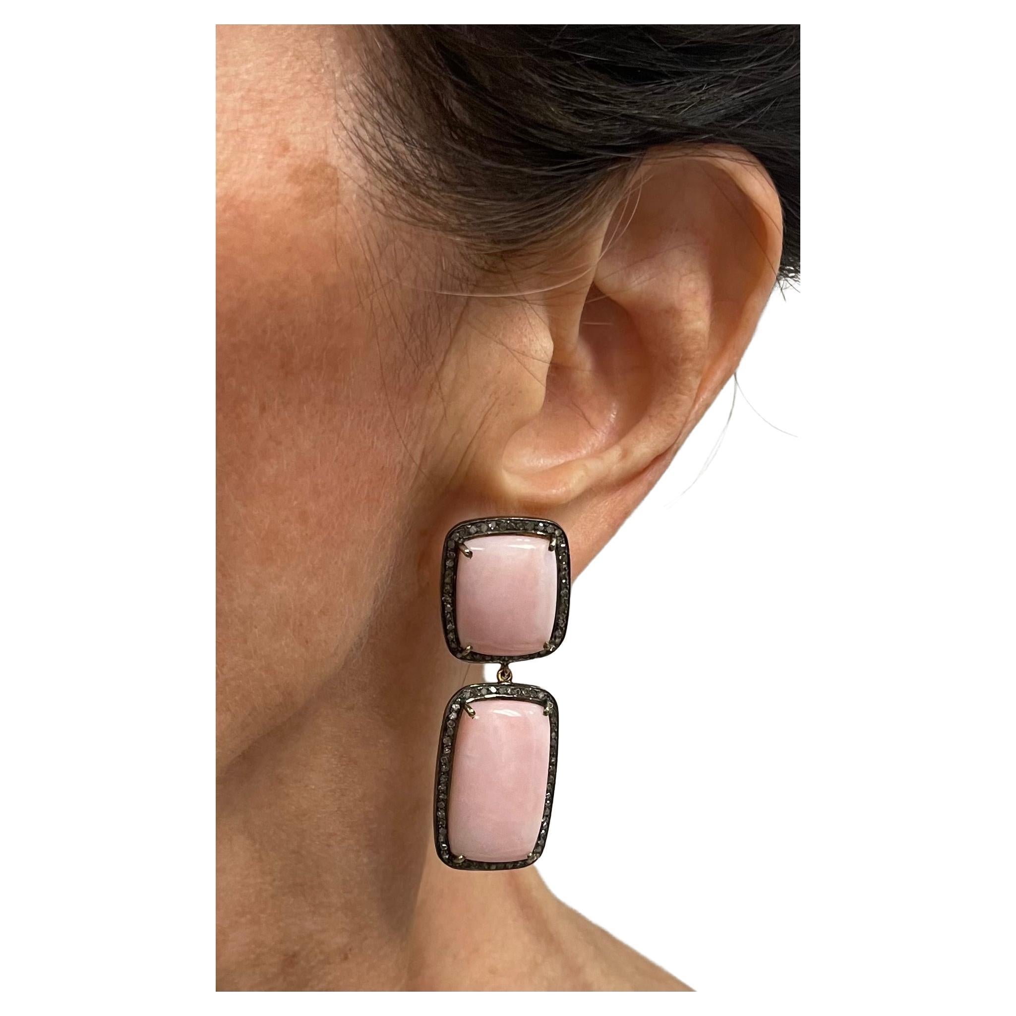 Pink Opal with Diamonds Earrings For Sale