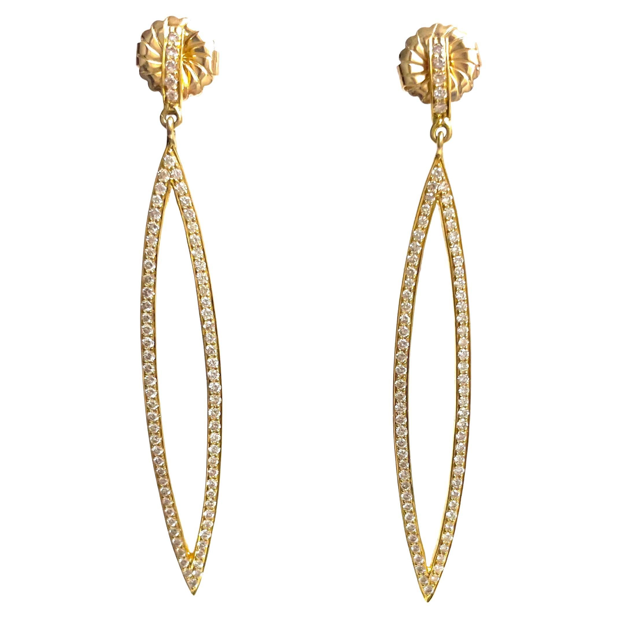 Elongated Marquise Shape 18k Yellow Gold and Pave Diamonds Paradizia Earrings For Sale