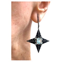 Blue Topaz and Pave Diamonds Four Pointed Star Paradizia Earrings
