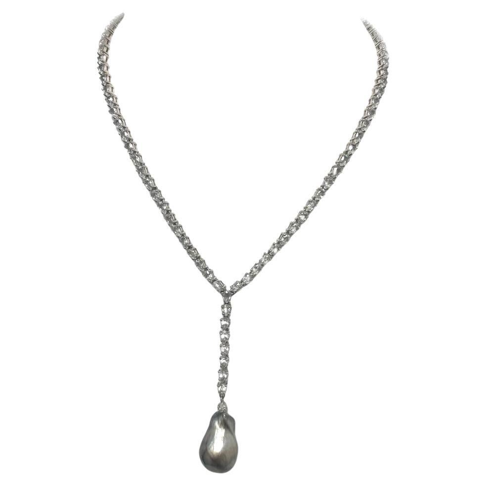 White Topaz Y Necklace with Tahitian Pearl by Paradizia For Sale