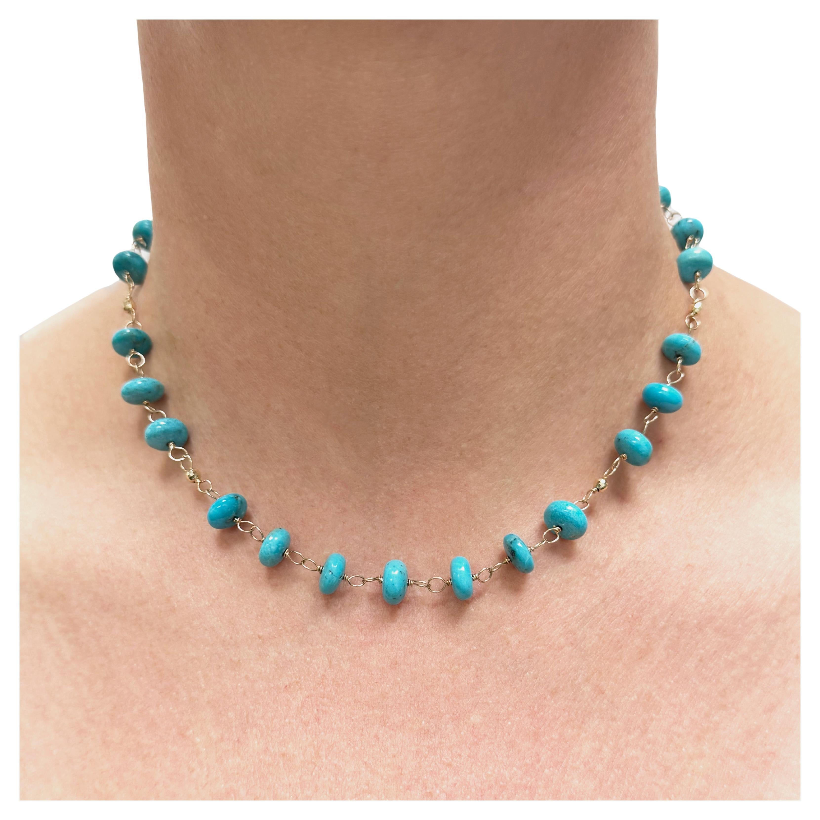 Sleeping Beauty Turquoise Necklace by Paradizia, 14k Gold, 70 Carats N3914 For Sale