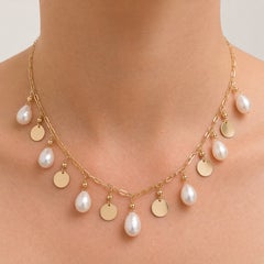 White Freshwater Pearls and 14k Gold Disks on Chain Paradizia Necklace N3913