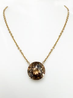 Smokey Quartz 23 Carats Faceted Round 14k Yellow Gold Chain Paradizia Necklace