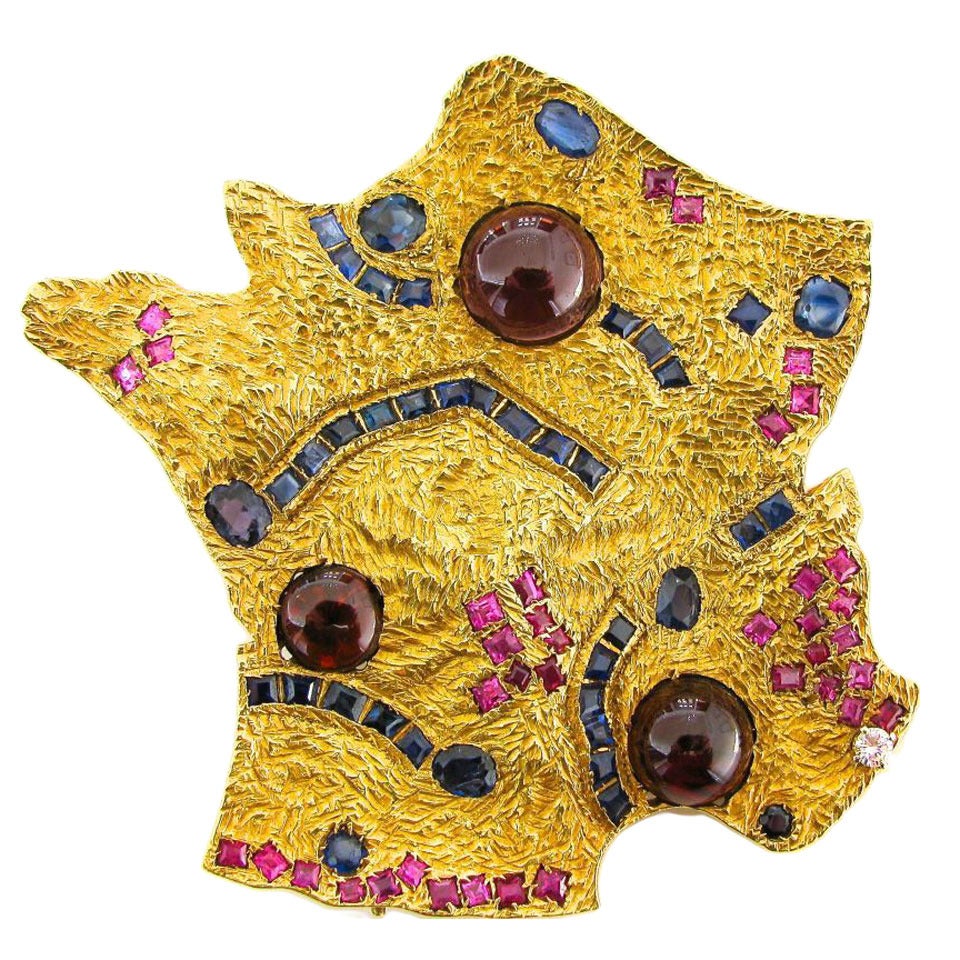 Cannes Map of France Gemstone Gold Pendant Brooch
