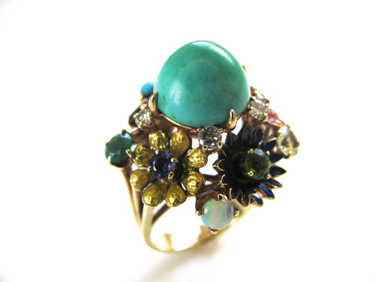 Turquoise Gemstone Enamel Gold Flower Ring