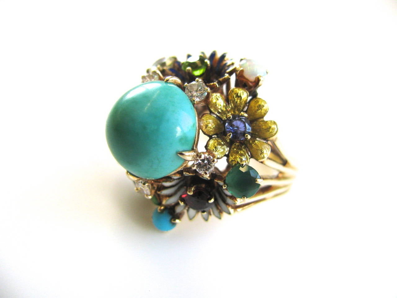 Turquoise Gemstone Enamel Gold Flower Ring 1