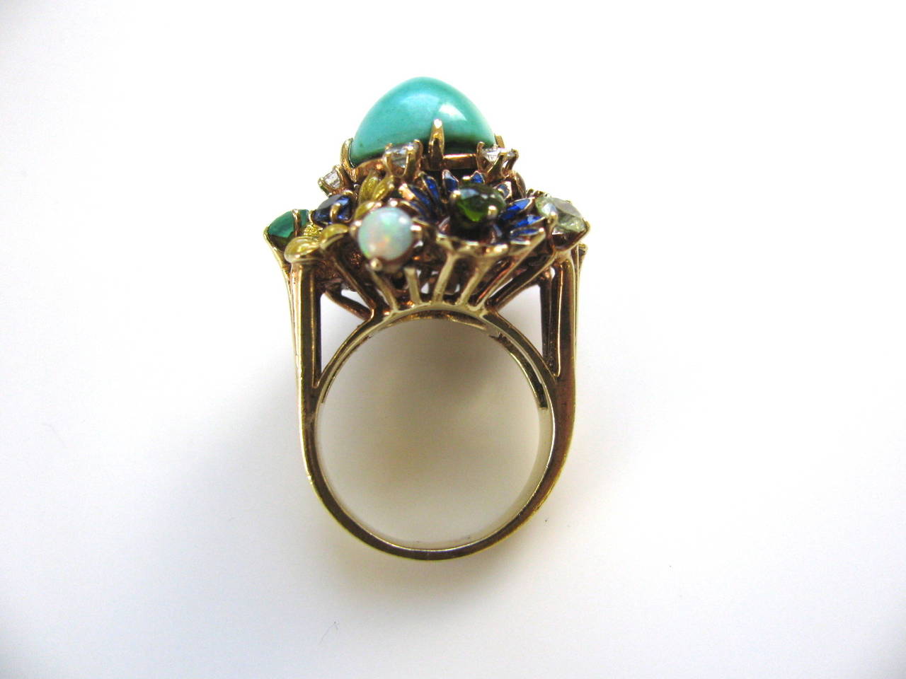 Turquoise Gemstone Enamel Gold Flower Ring 2