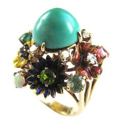 Turquoise Gemstone Enamel Gold Flower Ring
