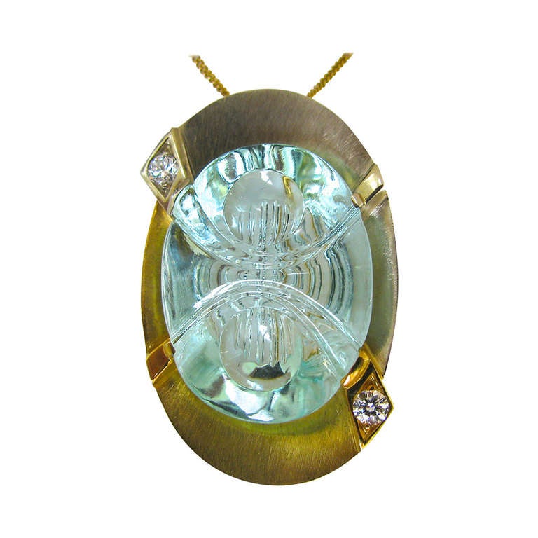 Michael Dyber Carved Aquamarine Diamond Gold Pendant Brooch