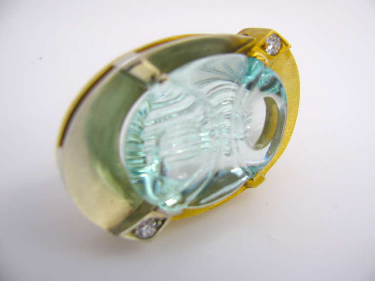 Michael Dyber Carved Aquamarine Diamond Gold Pendant Brooch In Excellent Condition In Cincinnati, OH