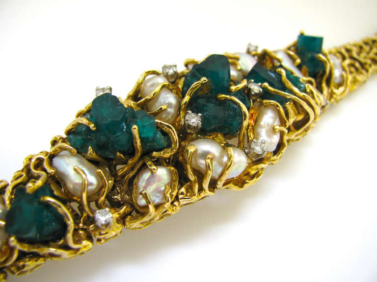 Modernist 1970s Pearl Chatham Emerald and Diamond Bracelet