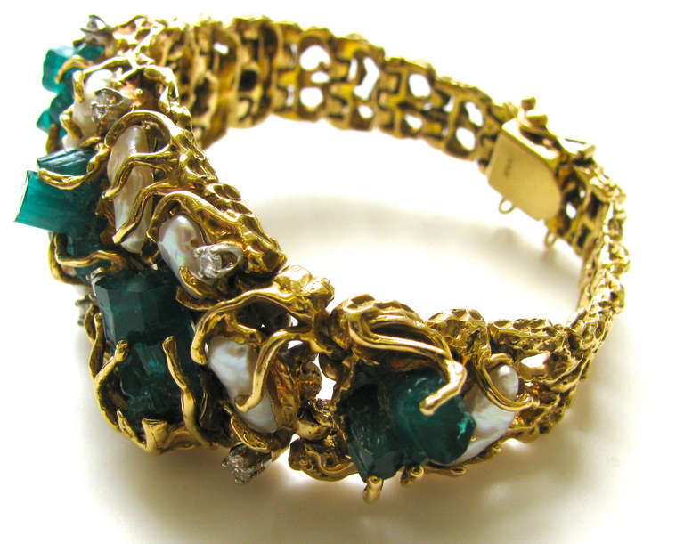 Uncut 1970s Pearl Chatham Emerald and Diamond Bracelet